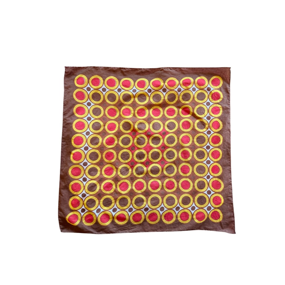 Vintage 70s Style Geometric Circle Target Print Square Neck Scarf Brown Red